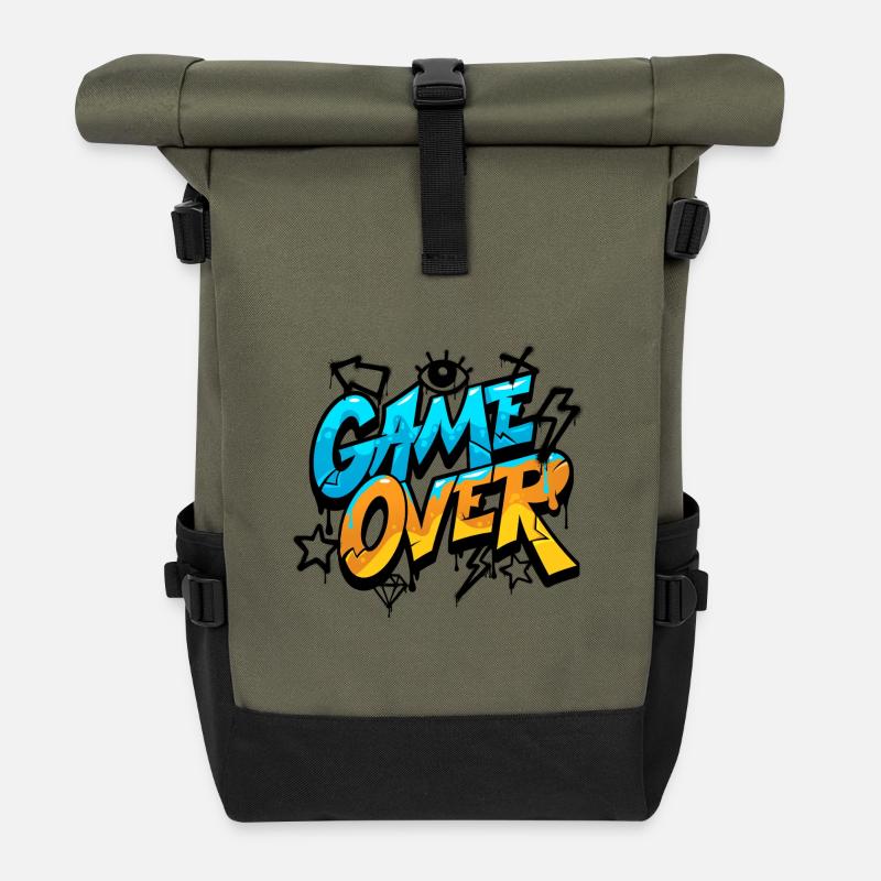 Game Over Graffiti Splash Tee - Roll Top Backpack - olive/black