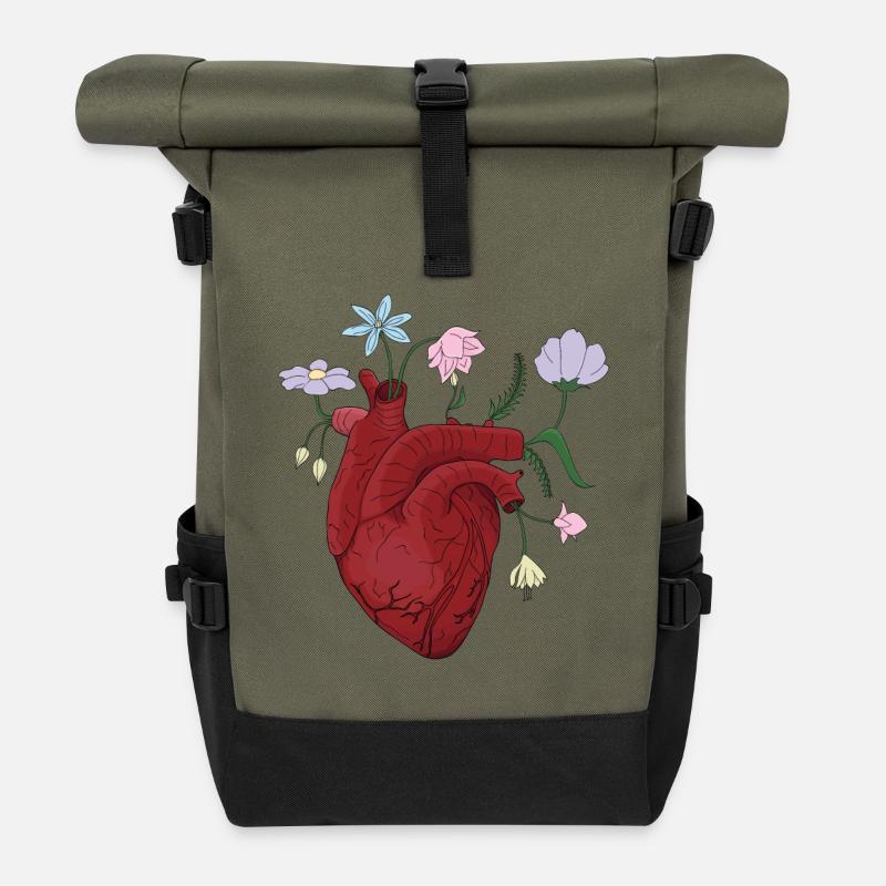 Heart with flowers in color - Roll Top Backpack - olive/black