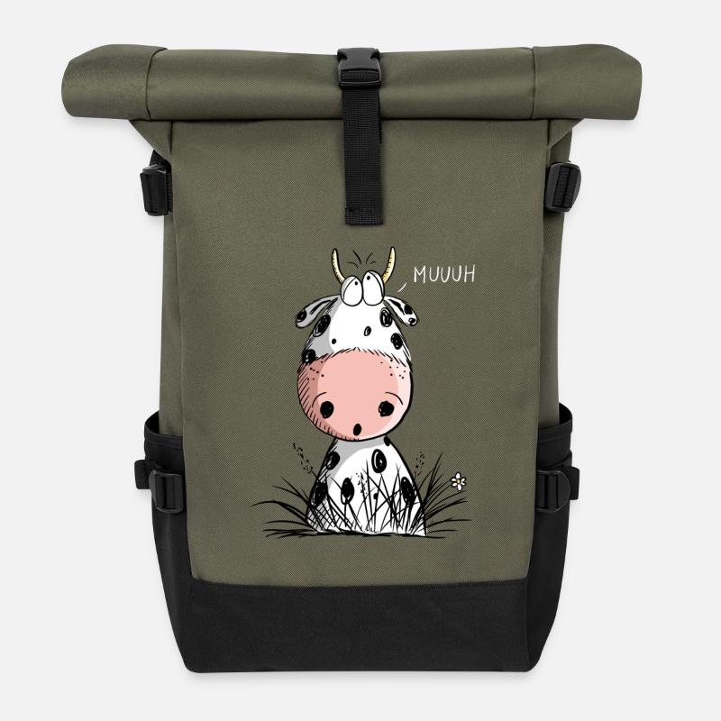 Komische Muh Kuh I Rind Comic I Geschenk - Rolltop Rucksack - Olive/Schwarz
