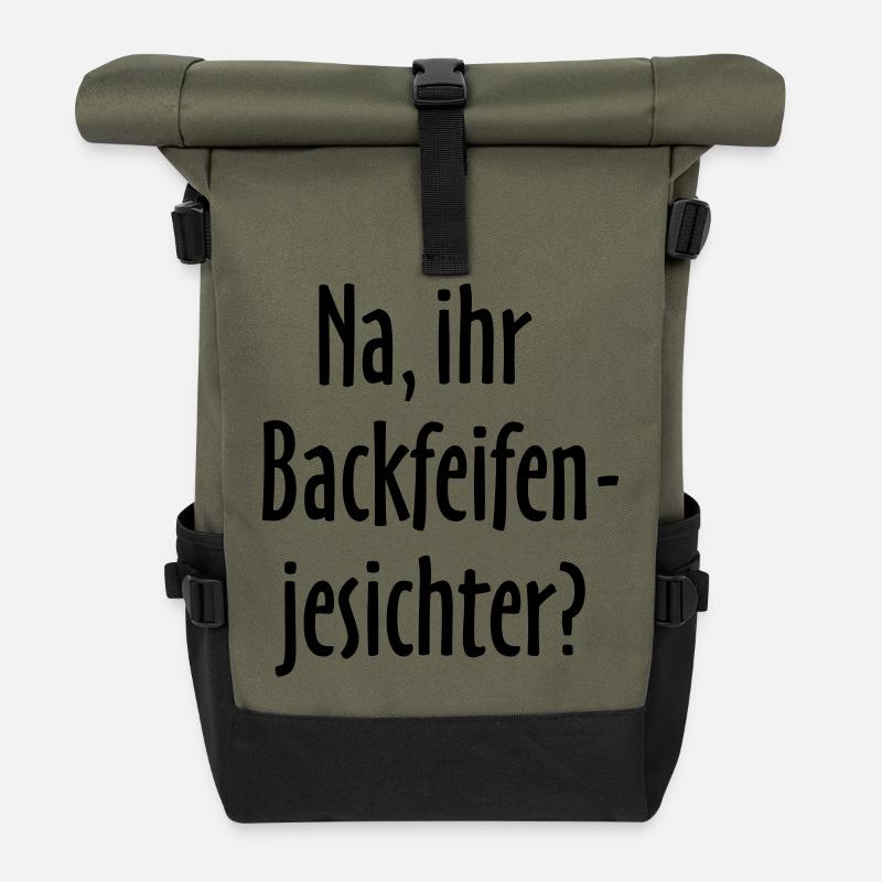Berlin Spruch: Na, ihr Backfeifenjesichter? - Rolltop Rucksack - Olive/Schwarz