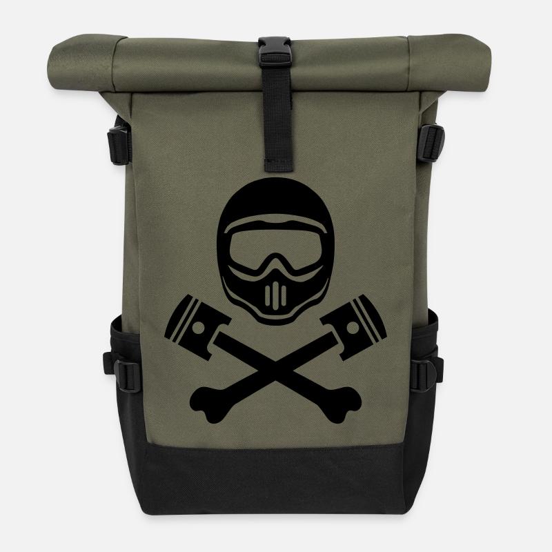 Sport Motorradhelm mit Kochen Motor Kolben - Rolltop Rucksack - Olive/Schwarz