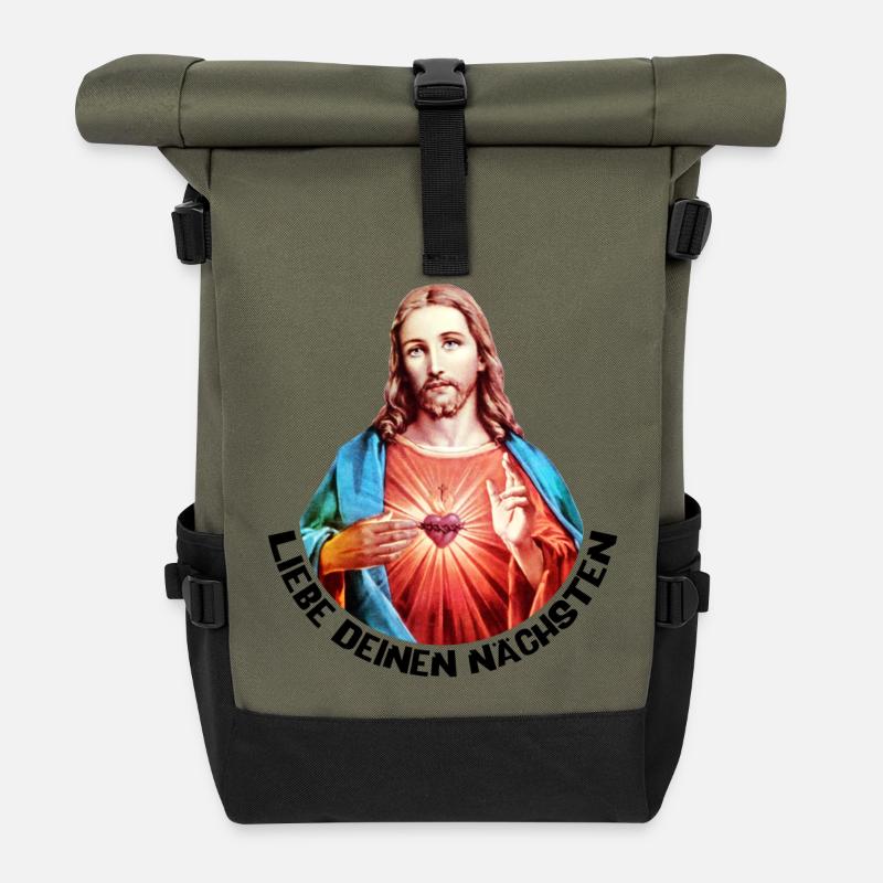 Love Your Neighbor Jesus Left Hand Blessing - Roll Top Backpack - olive/black