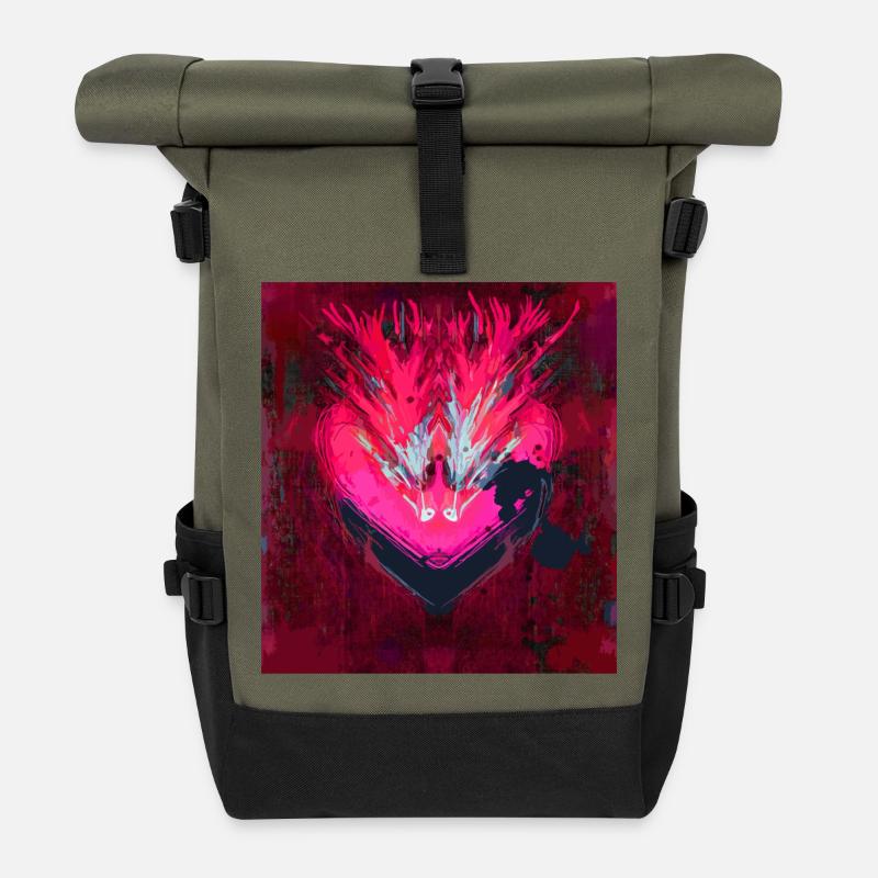 Neon Herz im Dunkelrot - Rolltop Rucksack - Olive/Schwarz