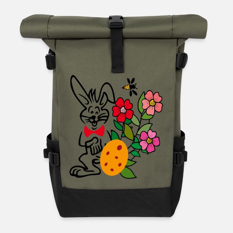 Osterhase mit Blumen und Osterei - Rolltop Rucksack - Olive/Schwarz