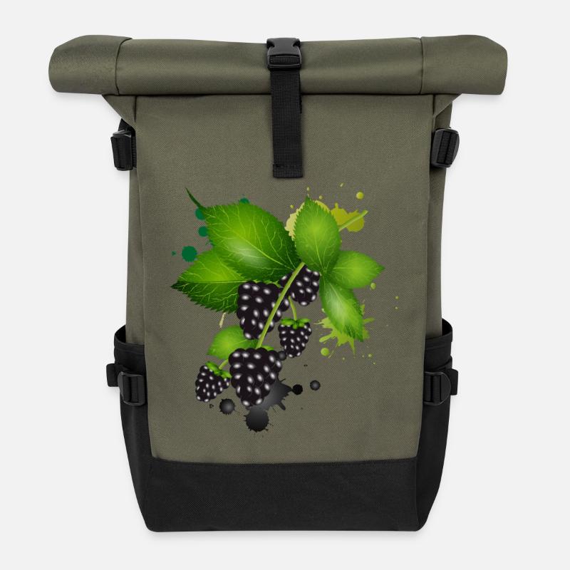dunkelviolette Brombeeren mit Blätter als Graffiti - Rolltop Rucksack - Olive/Schwarz