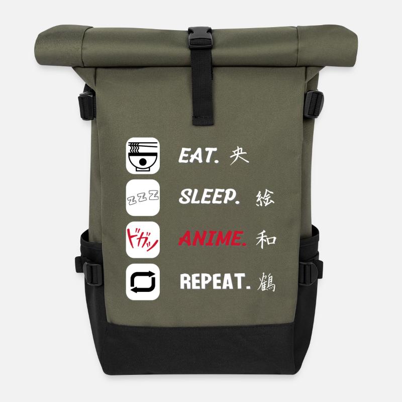 Eat Sleep Anime Repeat - Rolltop Rucksack - Olive/Schwarz