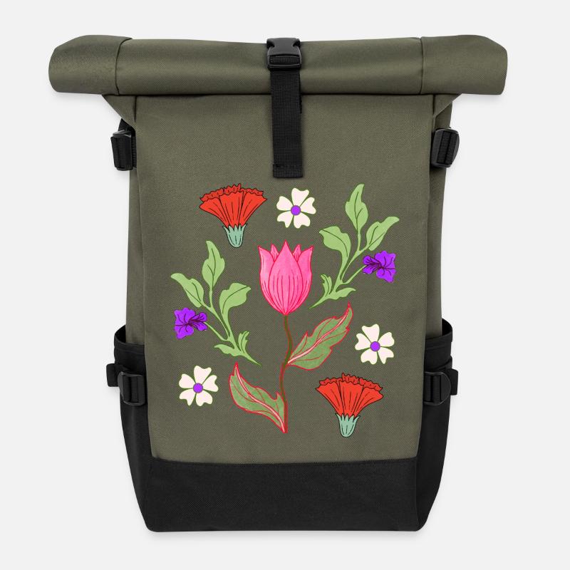 Tulpenstrauß Floral Muster - Rolltop Rucksack - Olive/Schwarz