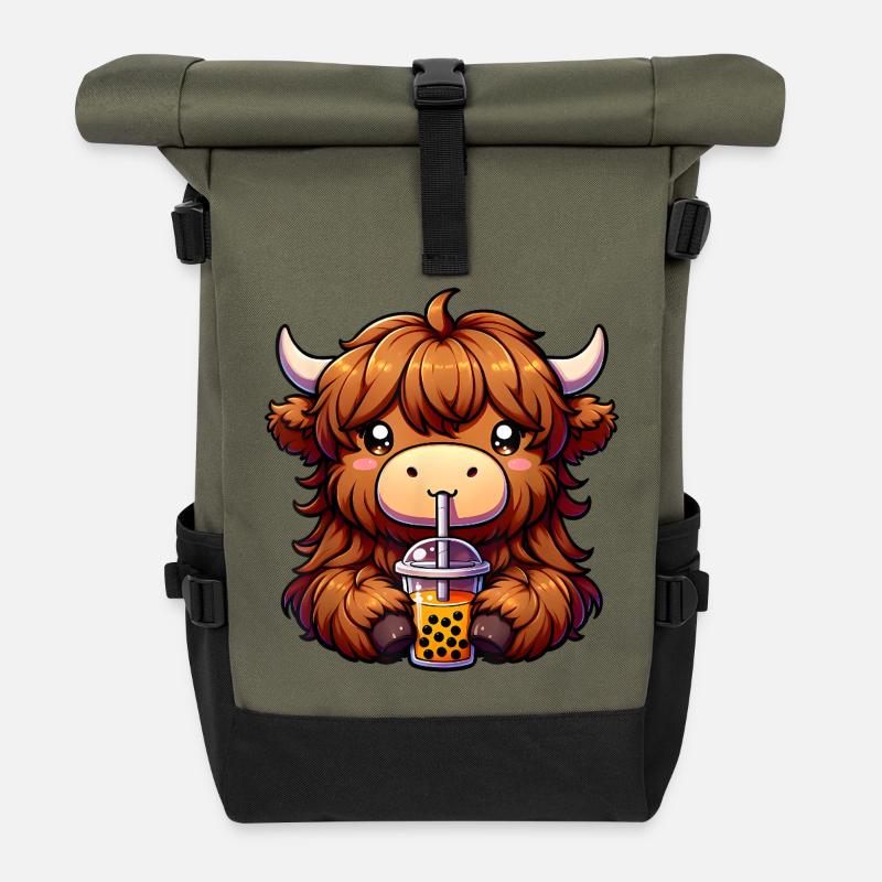 Entzückende Hochlandkuh mit Bubble Tea - Rolltop Rucksack - Olive/Schwarz
