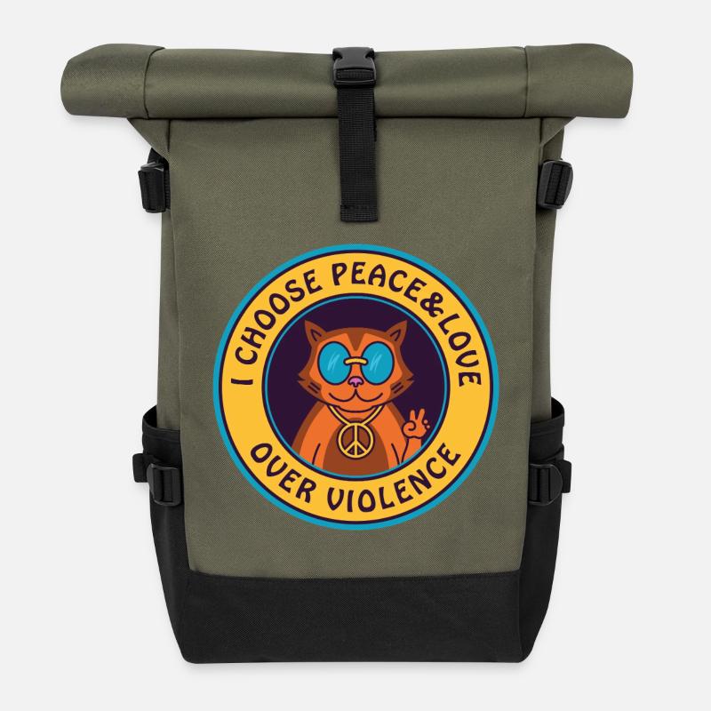 Peace and Love over violence - Cat with peace sign - Roll Top Backpack - olive/black