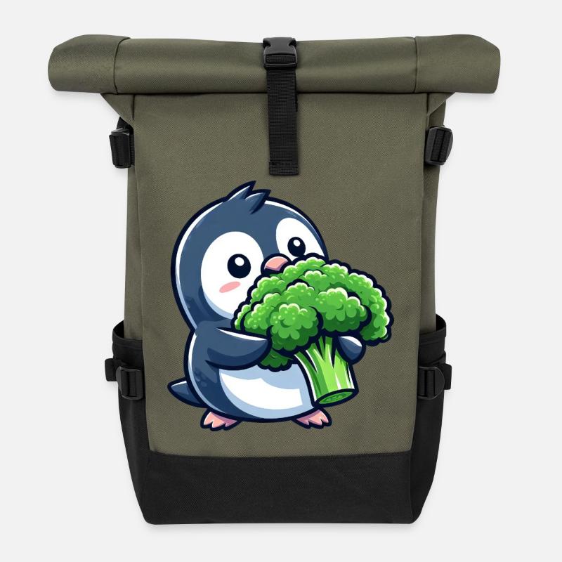 Lustiger Pinguin mit Brokkoli Gemüse Vegan Comic - Rolltop Rucksack - Olive/Schwarz