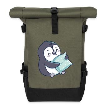 Kuscheliger Pinguin mit blauem Kissen - Rolltop Rucksack - Olive/Schwarz - Vorne