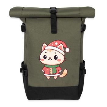 Kawaii Christmas Kitten in Red Hat - Roll Top Backpack - olive/black - Front