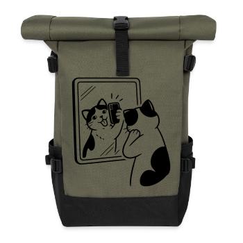 Katze Spiegel Selfie - Rolltop Rucksack - Olive/Schwarz - Vorne