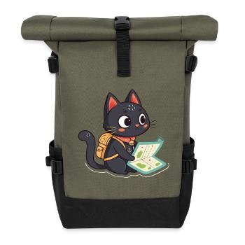 Adventurous Traveler Cat Reading a Card - Roll Top Backpack - olive/black - Front