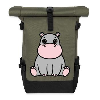 Cute Baby Hippopotamus Sitting Kawaii - Roll Top Backpack - olive/black - Front