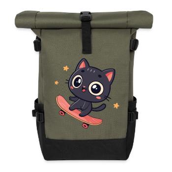 Chat kawaii sur planche à roulettes - Sac à dos roll top - olive/noir - Devant