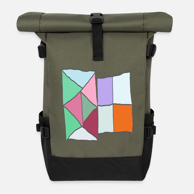 Geometrisches Quiltblock-Mosaik - Rolltop Rucksack - Olive/Schwarz