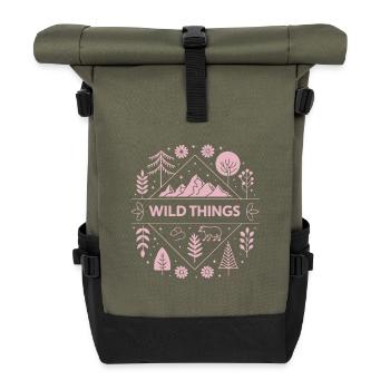 Wild Things, Berge und rosa Wildtiere - Rolltop Rucksack - Olive/Schwarz - Vorne