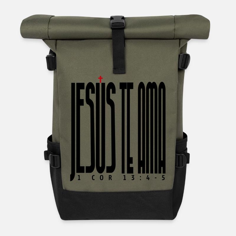 Jesus Loves You - Roll Top Backpack - olive/black