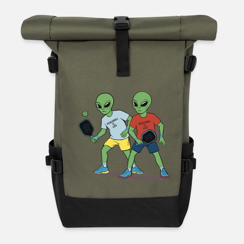 Funny Aliens Playing Pickleball - Roll Top Backpack - olive/black