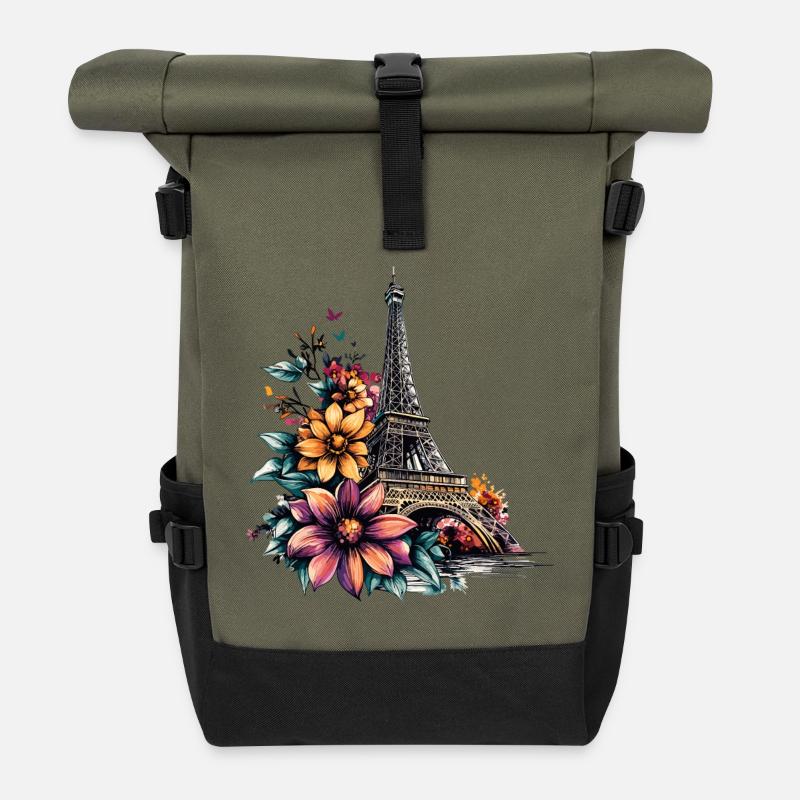 Paris Eiffelturm Frankreich Stadt Skyline Blumen - Rolltop Rucksack - Olive/Schwarz