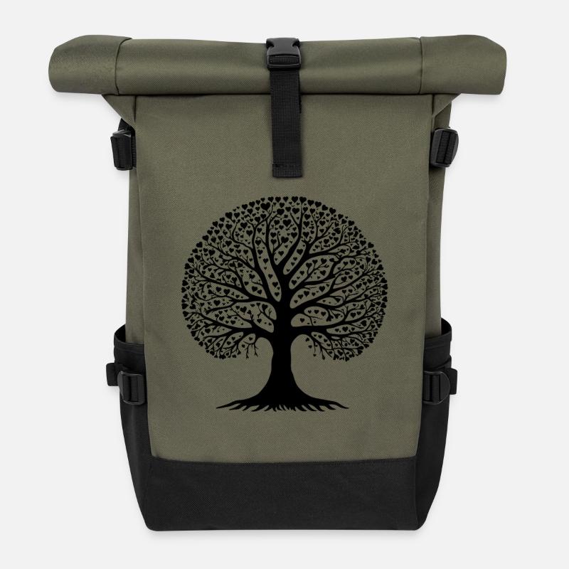 Baum der Herzen - Zeitloses Design - Rolltop Rucksack - Olive/Schwarz