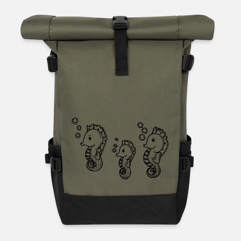 Three Little Seahorses - Roll Top Backpack - olive/black