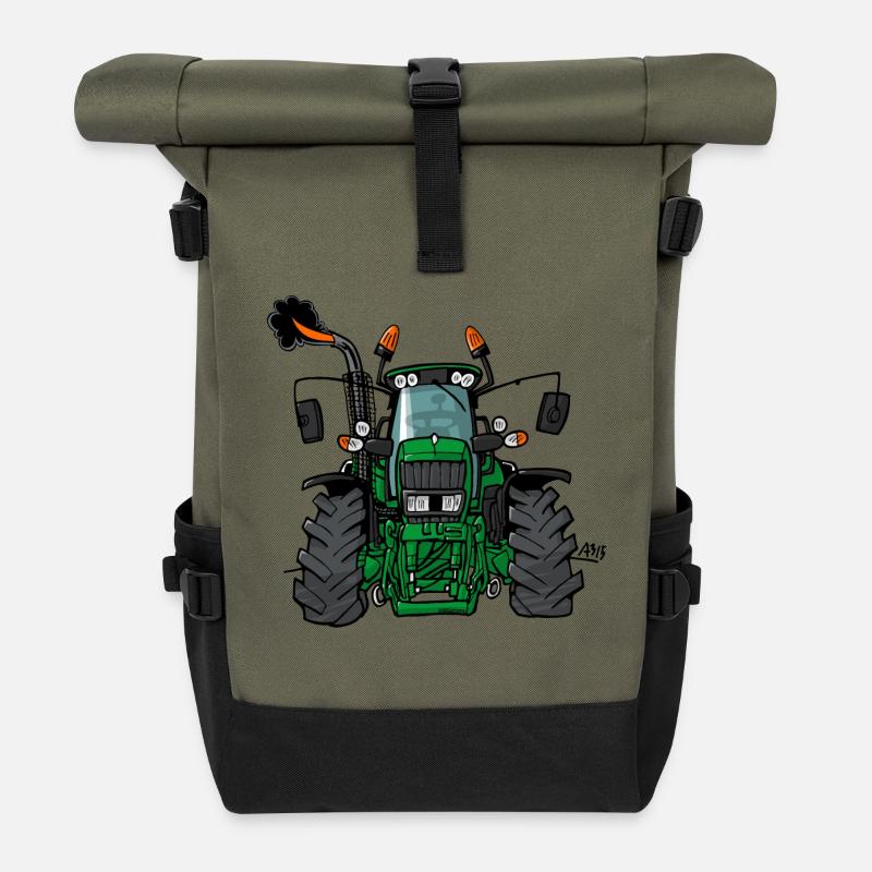 0175 Green tractor - Roll Top Backpack - olive/black