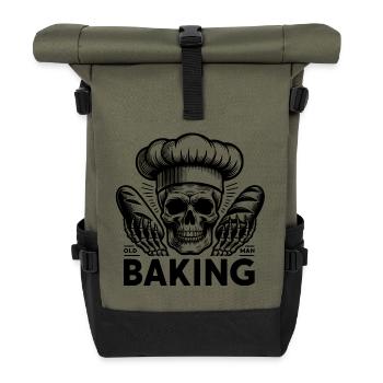 Old Man Baking Skull mit Bäckermütze backt Brot - Rolltop Rucksack - Olive/Schwarz - Vorne