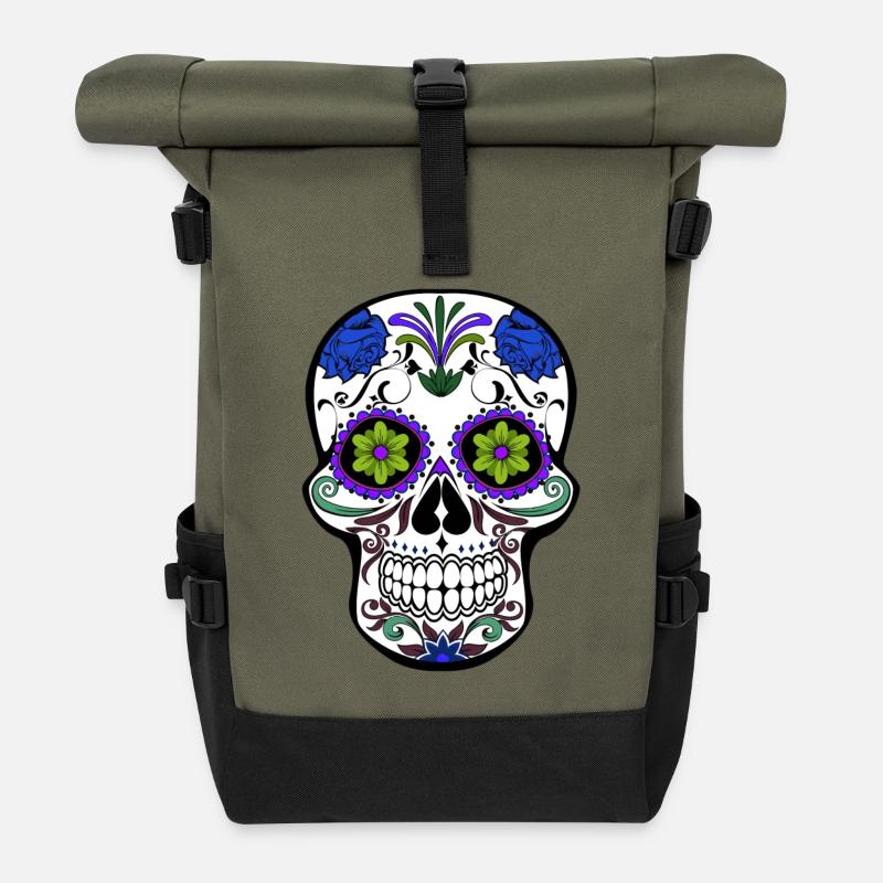 mexikanischer Schädel - Rolltop Rucksack - Olive/Schwarz