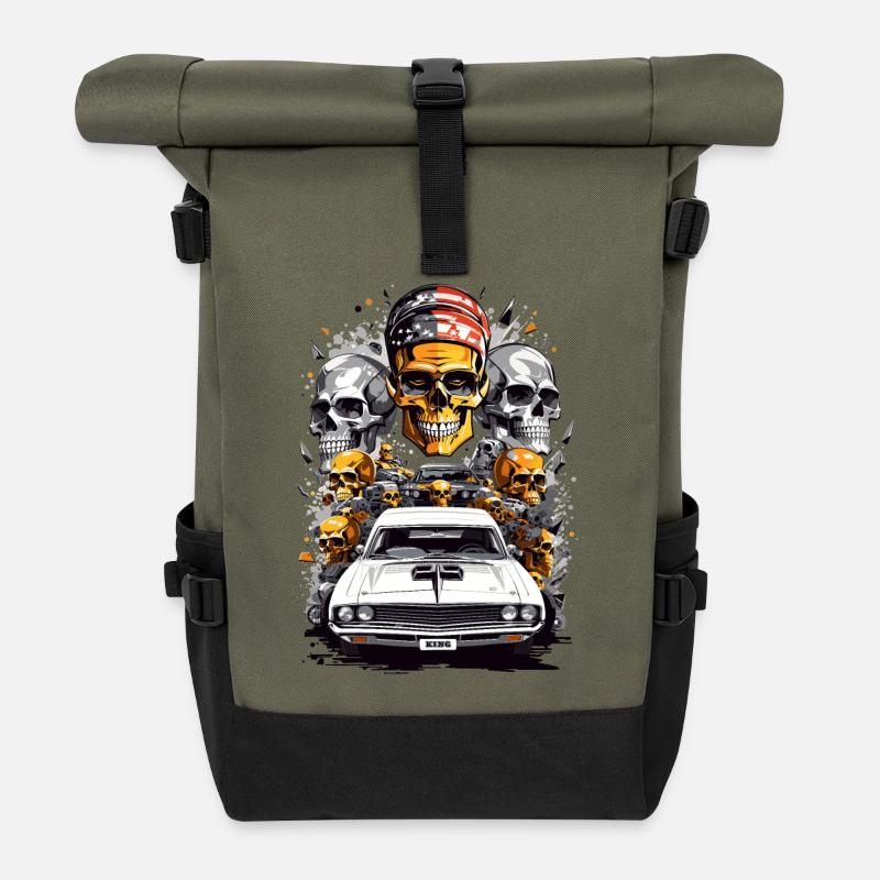 Muscle Car and Skulls - Roll Top Backpack - olive/black