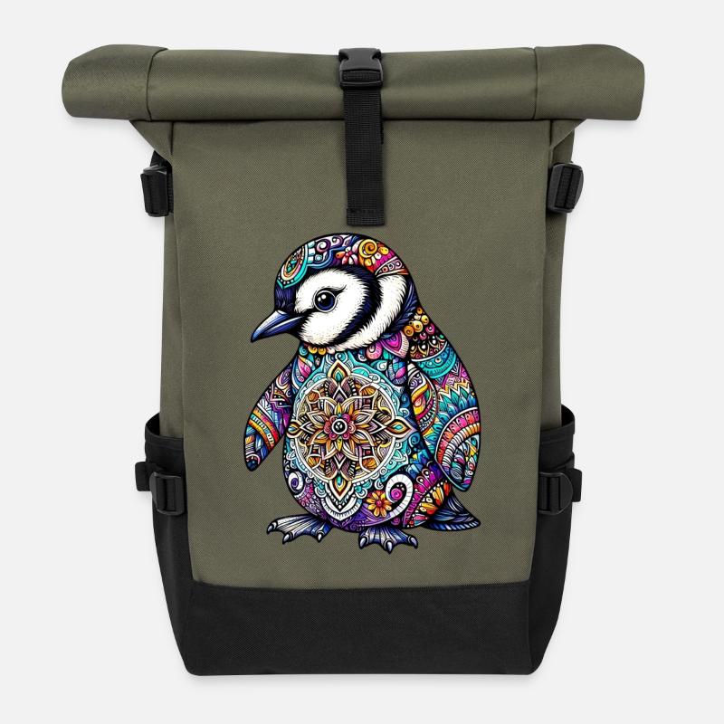 Pinguin mit Mandalas verziert - Rolltop Rucksack - Olive/Schwarz