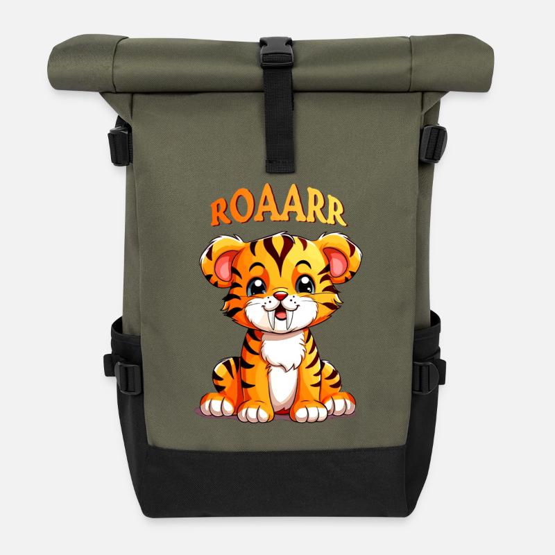 Kuscheliger Säbelzahntiger - Lachendes Gesicht - Rolltop Rucksack - Olive/Schwarz