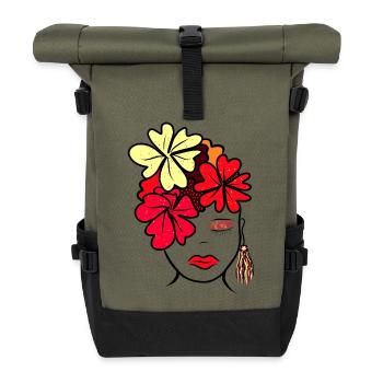 Botanische Blume Collage Druck - Rolltop Rucksack - Olive/Schwarz - Vorne