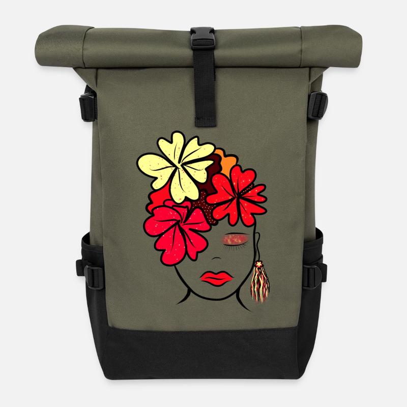 Botanische Blume Collage Druck - Rolltop Rucksack - Olive/Schwarz
