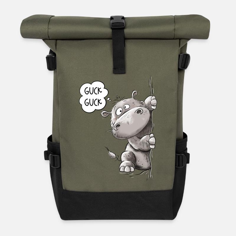 Guck Guck Nilpferd I Flusspferd I Hippotamus - Rolltop Rucksack - Olive/Schwarz