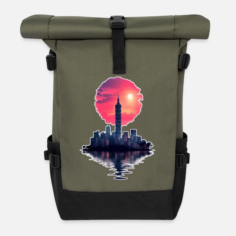 Neon Sunset – Stadt trifft Horizont - Rolltop Rucksack - Olive/Schwarz