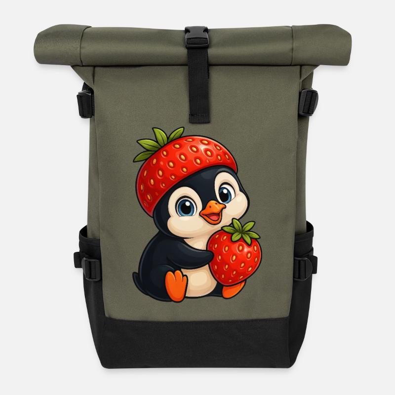 Süßer Pinguin mit Erdbeere fruchtig cartoon - Rolltop Rucksack - Olive/Schwarz