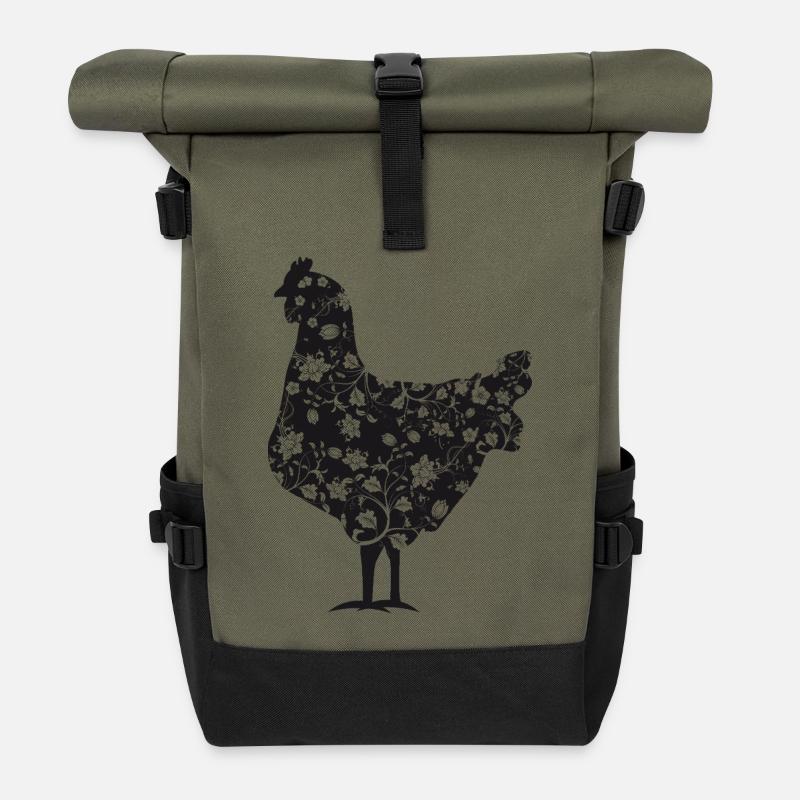 Huhn mit floralem Muster - Rolltop Rucksack - Olive/Schwarz