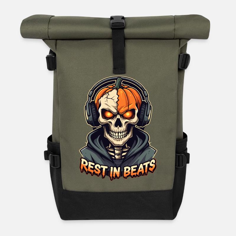 Rest in Beats Skull Hoodie - Roll Top Backpack - olive/black