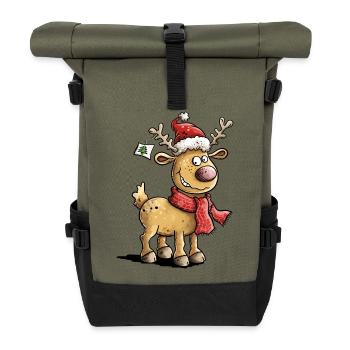 Niedliches Weihnachtsrentier mit Mütze und Schal - Rolltop Rucksack - Olive/Schwarz - Vorne