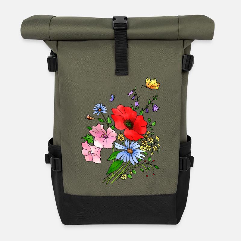 Blumen - Rolltop Rucksack - Olive/Schwarz