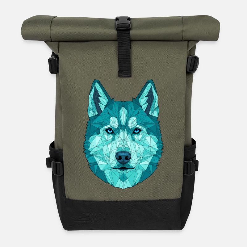 Geometrisch Wolf - Rolltop Rucksack - Olive/Schwarz