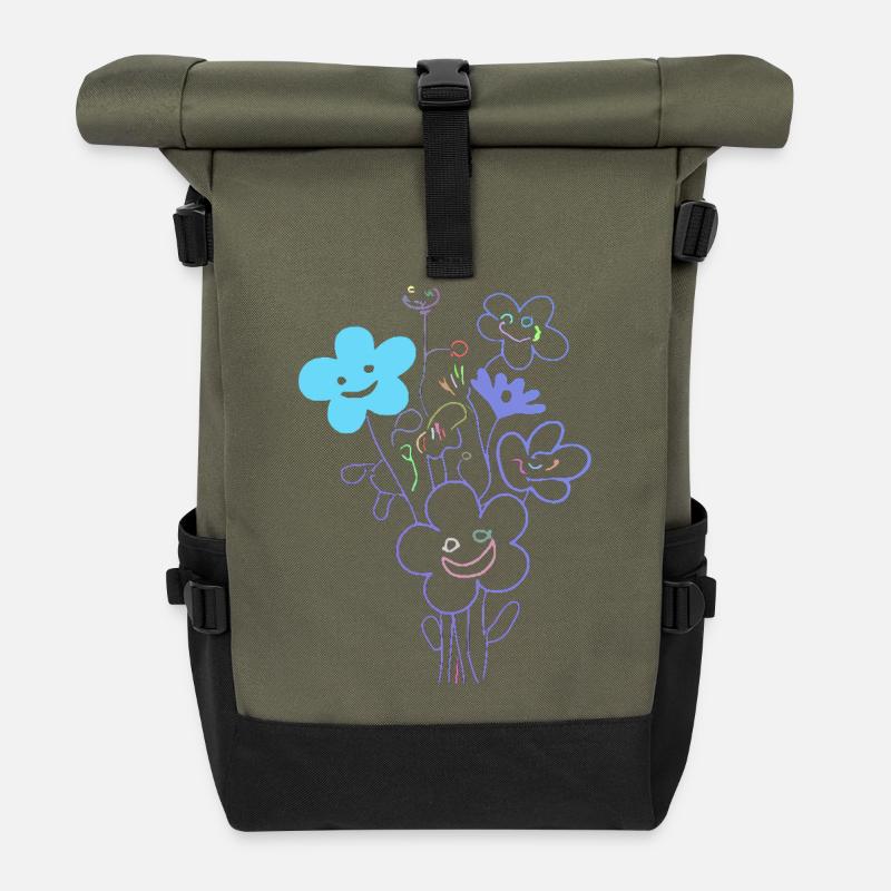 Fröhliche Blumen mit Neonlinien - Rolltop Rucksack - Olive/Schwarz