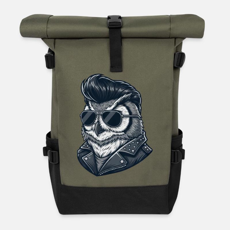 Coole Eule Rock and Roll 60er Sonnenbrille Frisur - Rolltop Rucksack - Olive/Schwarz