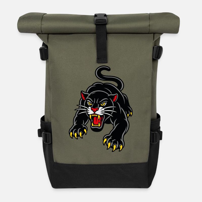 Leaping panther wild tattoo style - Roll Top Backpack - olive/black