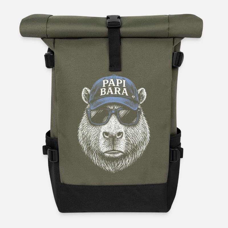Papi Bara Bear with Sunglasses - Roll Top Backpack - olive/black