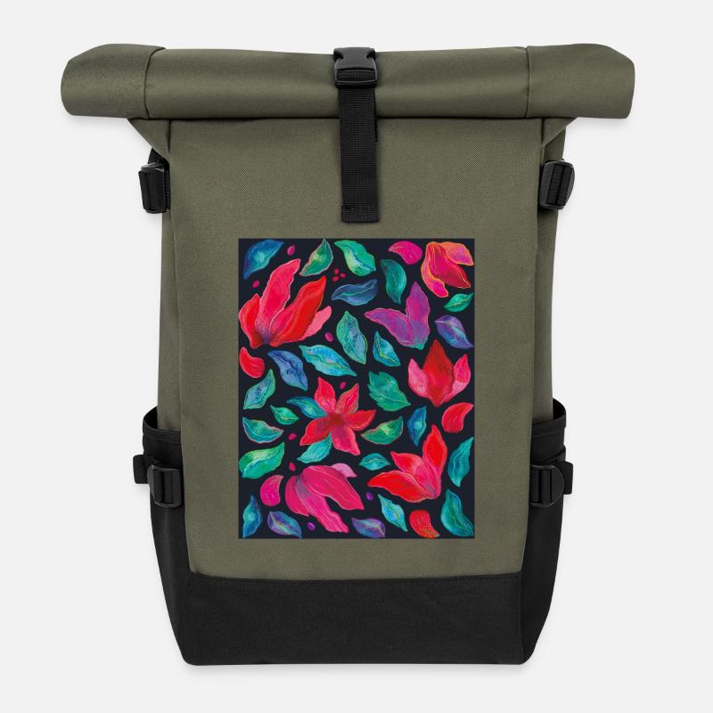Lebendige Blumen auf dunklem Hintergrund - Rolltop Rucksack - Olive/Schwarz