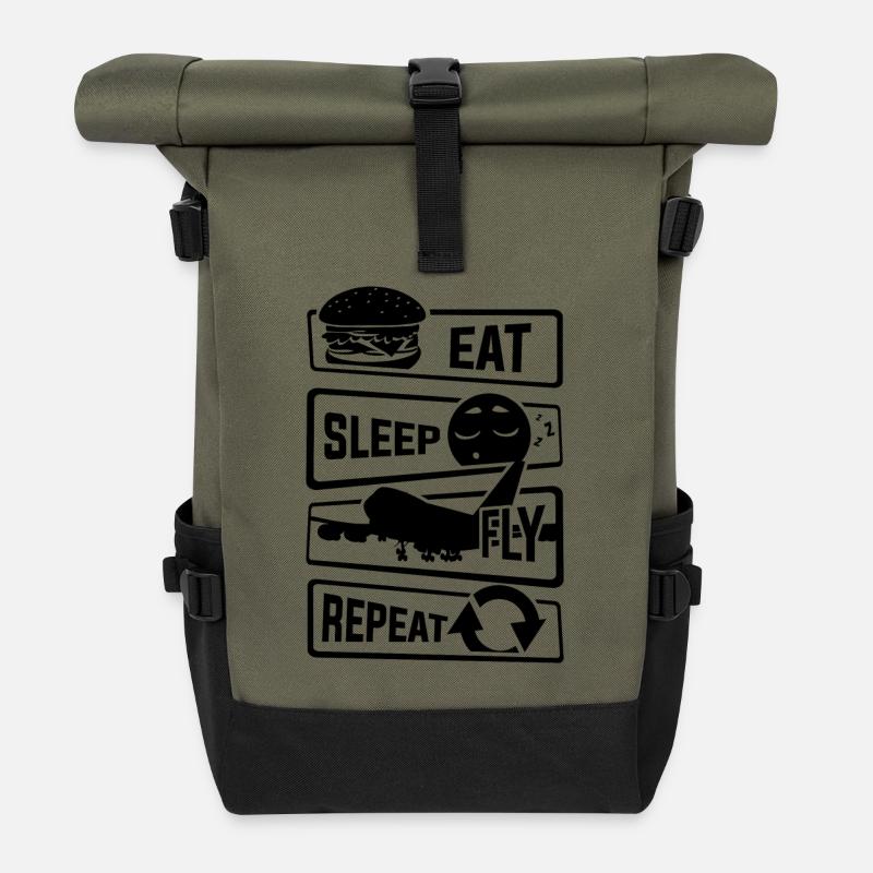 Eat Sleep Fly Repeat - Flugzeug Pilot Flieger Flug - Rolltop Rucksack - Olive/Schwarz