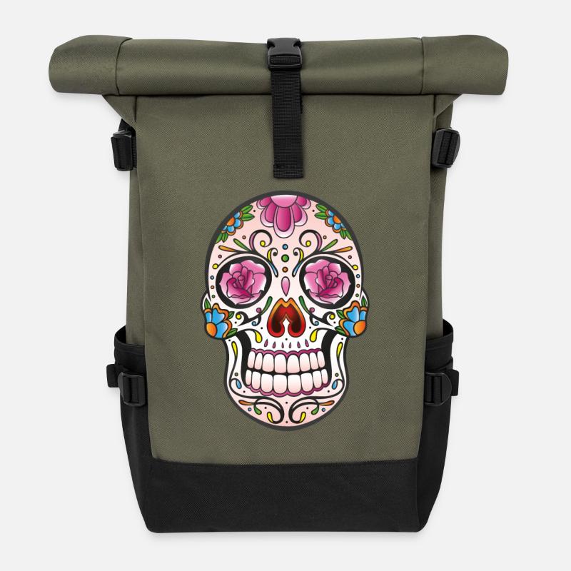 Floral Sugar Skull Tattoo - Mexikanischer Stil - Rolltop Rucksack - Olive/Schwarz